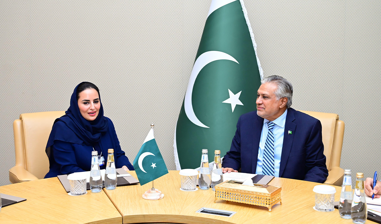 Pakistan's Foreign Minister Ishaq Dar (right) meets Digital Cooperation Organization’s (DCO) Secretary-General Deemah AlYahya at sidelines of World Economic Forum meeting in Riyadh, Saudi Arabia on April 28, 2024. (MOFA)