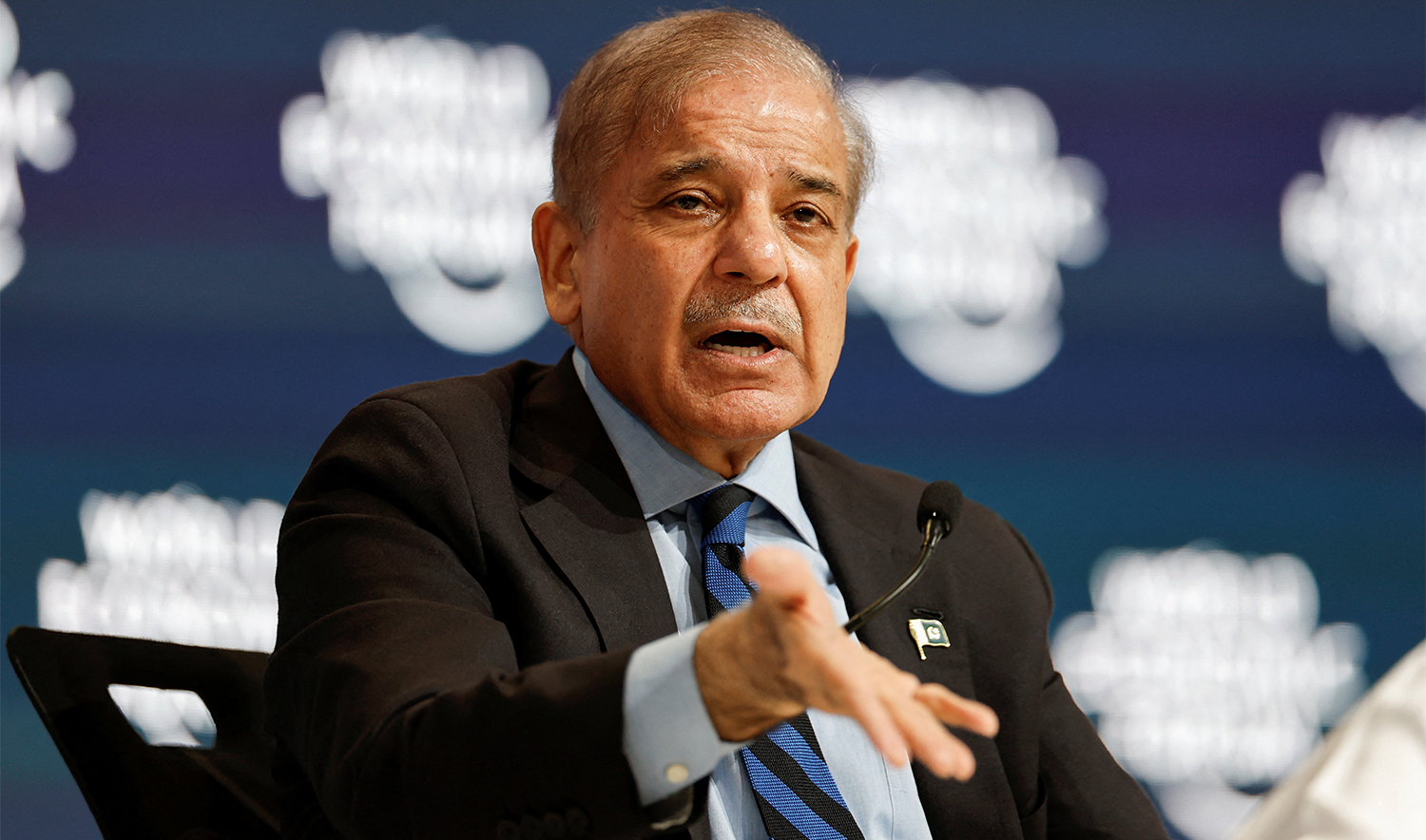 Pakistan's Prime Minister Shehbaz Sharif speaks at the World Economic Forum (WEF) in Riyadh, Saudi Arabia, on April 28, 2024. (REUTERS)