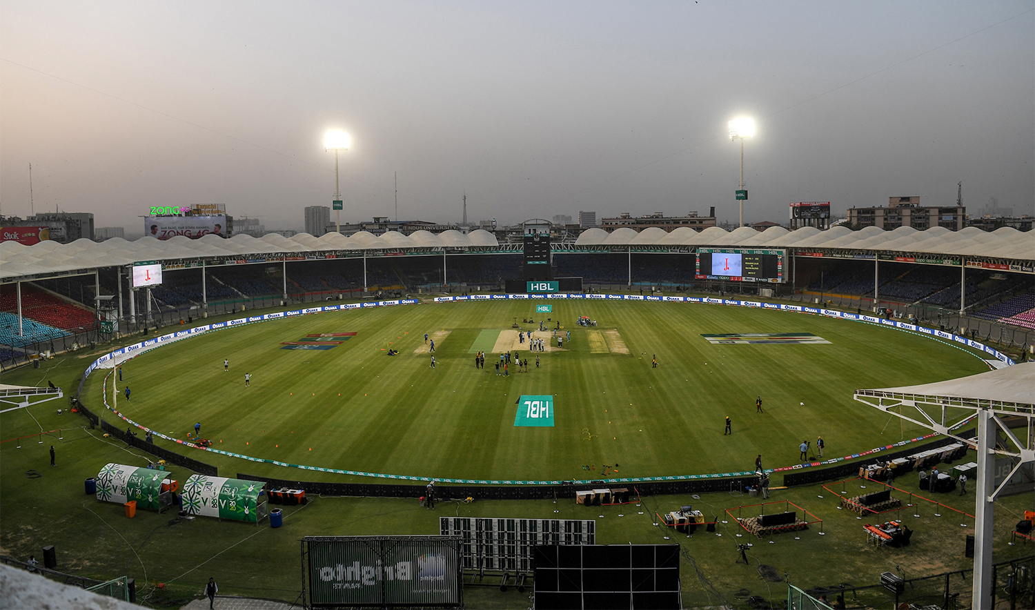A general view of the empty cricket spectators enclosures before the start of the T20 cricket match between Peshawar Zalmi and Multan Sultans at the National Cricket Stadium in Karachi on March 13, 2020. (AFP/File)