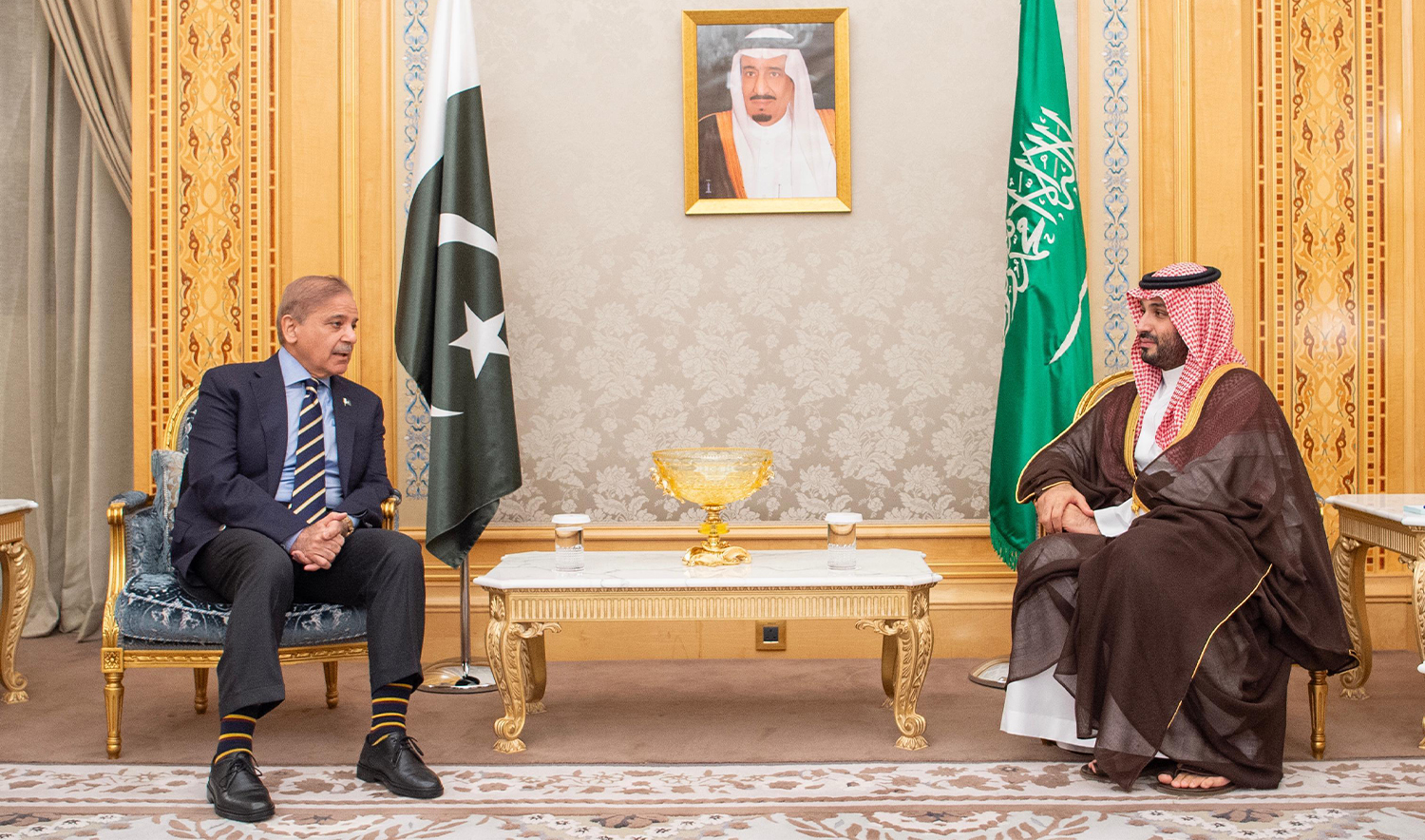 Pakistan Prime Minister Shehbaz Sharif (left) meets Saudi Crown Prince Mohammed bin Salman in Riyadh, Saudi Arabia on April 29, 2024. (Saudi Press Agency)