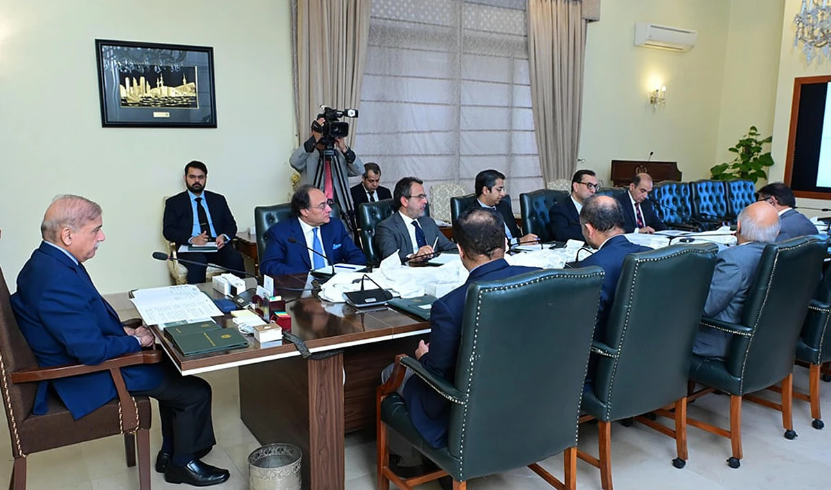 Prime Minister Shehbaz Sharif chairs a sectoral meeting with officials from the Ministry of Finance in Islamabad on April 4, 2024. (Photo courtesy: PMO)