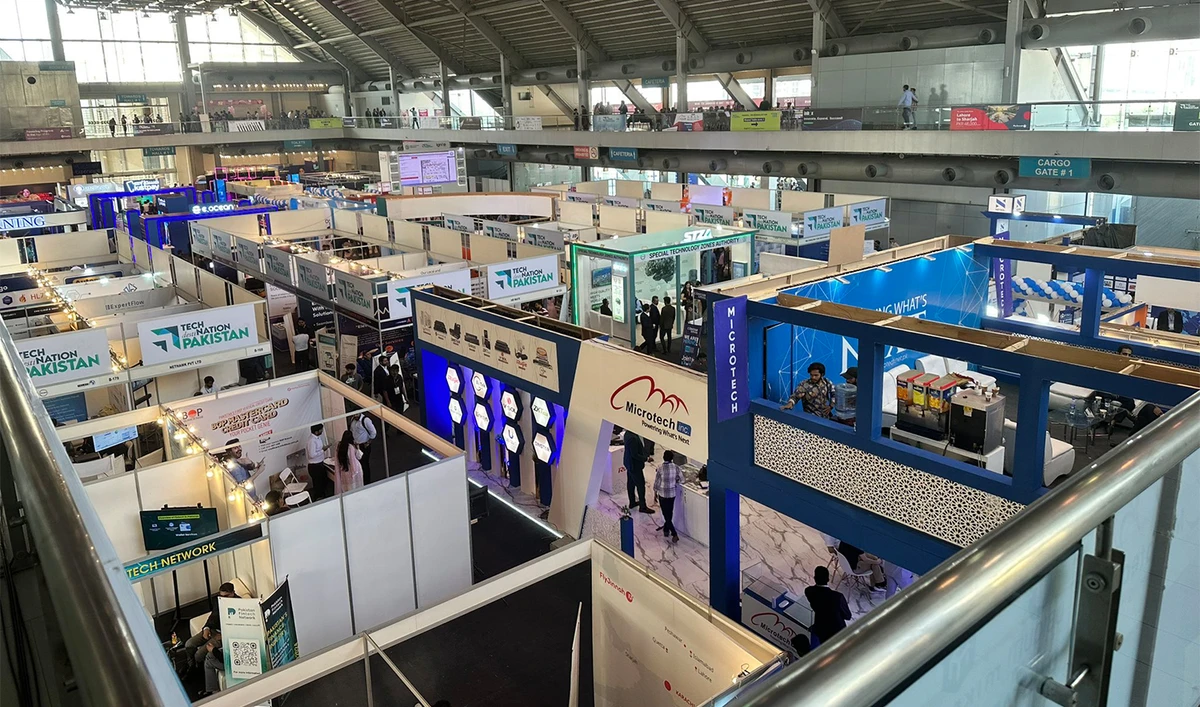 IT companies set up their booths at the 24th edition of the ITCN Asia Conference in Lahore, Pakistan on April 19, 2024. (Qasim Ali/X)