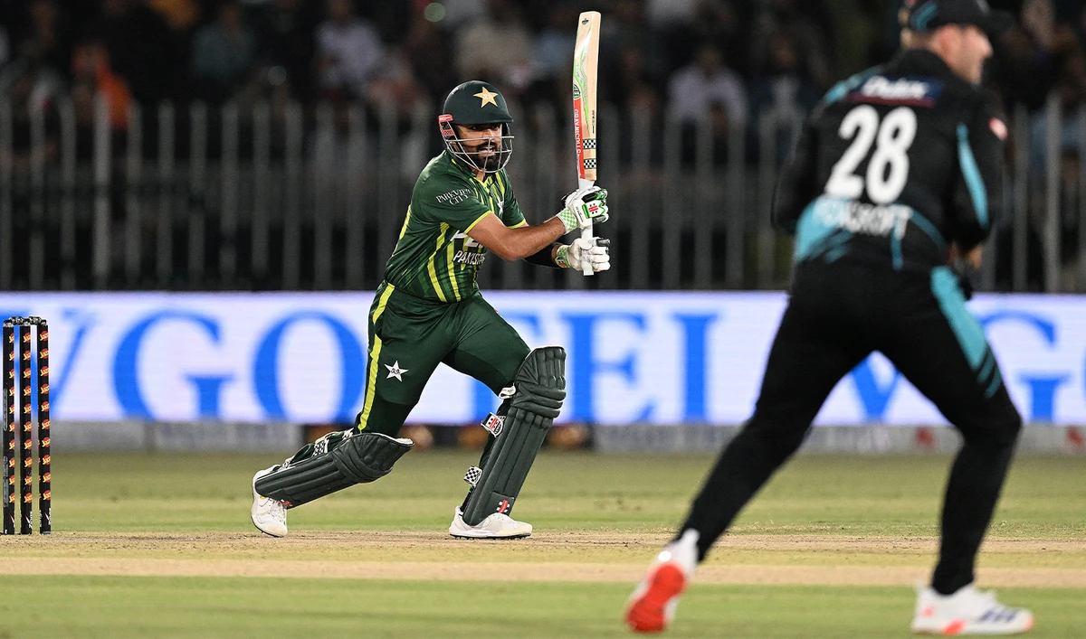Pakistan's captain Babar Azam (L) plays a shot during the second Twenty20 international cricket match between Pakistan and New Zealand at the Rawalpindi Cricket Stadium in Rawalpindi, on April 20, 2024. (AFP/File)