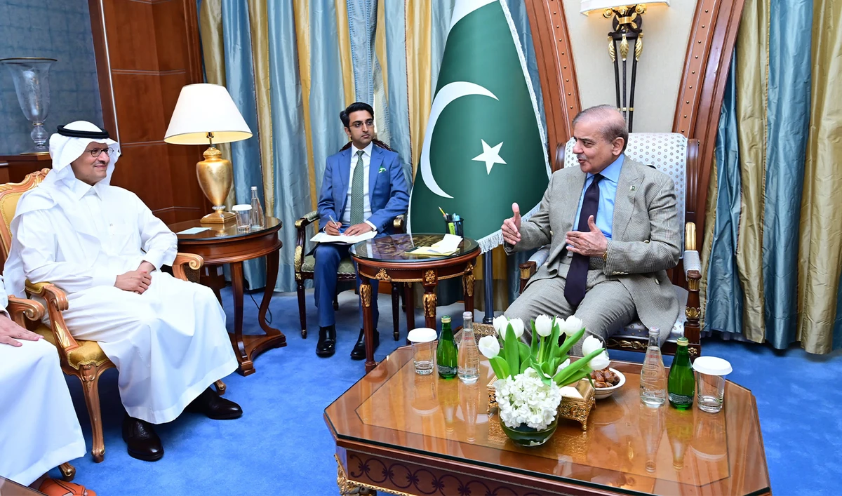 Pakistan Prime Minister Shehbaz Sharif (R) meets Saudi Energy Minister Prince Abdulaziz bin Salman in Riyadh, Pakistan on April 29, 2024. (PID)