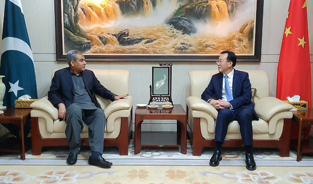 In this screengrab, taken from the handout video released by Pakistan’s interior ministry, Pakistan Interior Minister Mohsin Naqvi speaks during a meeting with Chinese Consul General Yang Yuandong at the Chinese consulate in Karachi on May 2, 2024. (Photo courtesy: MOI/Screengrab)