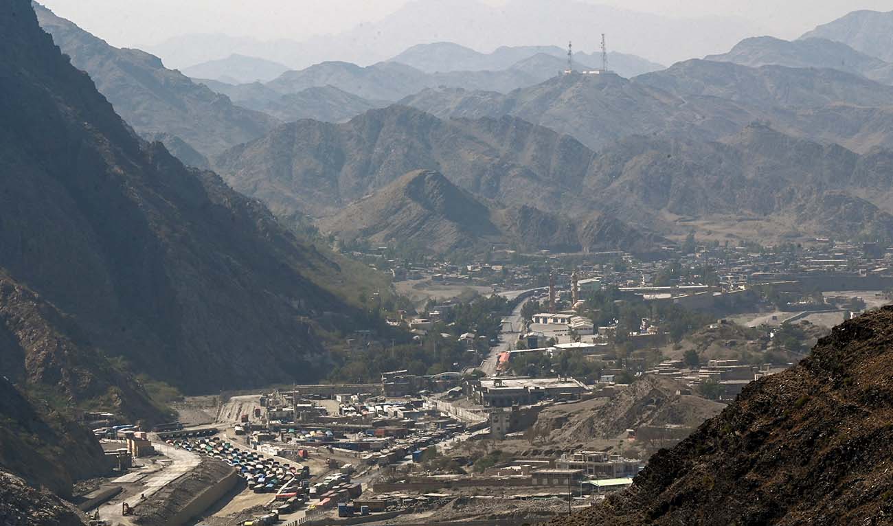 This picture taken on on September 11, 2023, shows a general view of trucks parked at a parking area at the Pakistan-Afghanistan border in Torkham. (AFP/File)