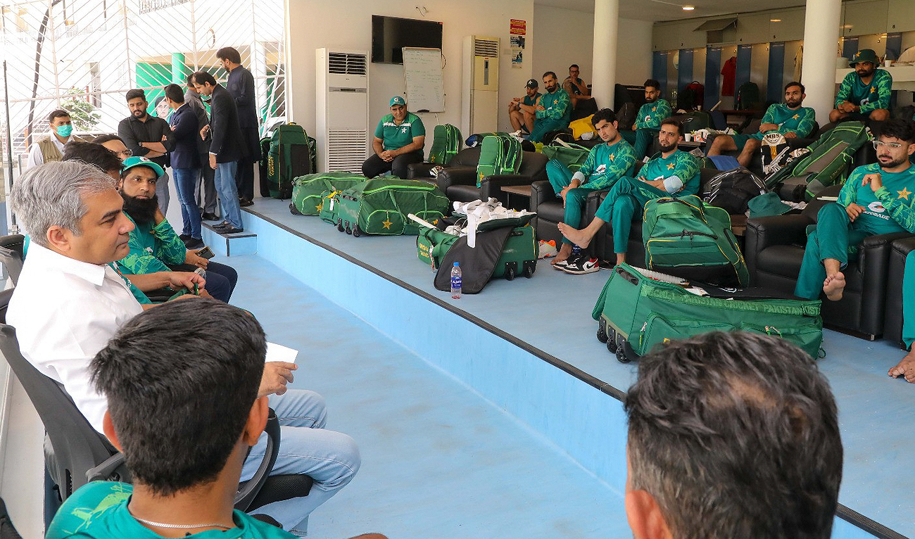 In this handout photograph, taken and released by Pakistan Cricket Board, Mohsin Naqvi (2L), chief of the Pakistan Cricket Board, speaks to the men’s national team at the Qaddafi Stadium in Lahore on May 5, 2024, ahead of team’s scheduled travel to Ireland and England for T20 tours later this month. (Photo courtesy: PCB)