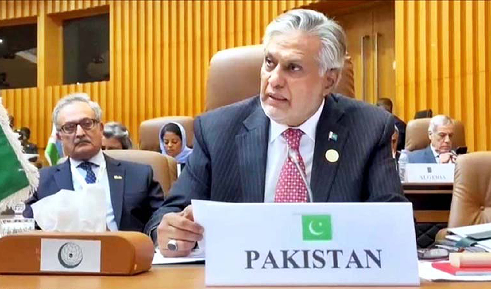 Pakistan’s Deputy Prime Minister and Foreign Minister Ishaq Dar address OIC contact group meeting in The Gambia on May 5, 2024. (Government of Pakistan)