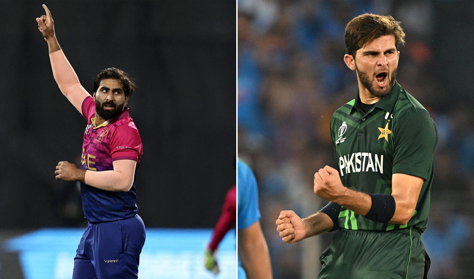 The collage of images created on May 6, 2024 shows UAE batter Muhammad Waseem (left) and Pakistan’s pace sensation Shaheen Shah Afridi. (AFP)