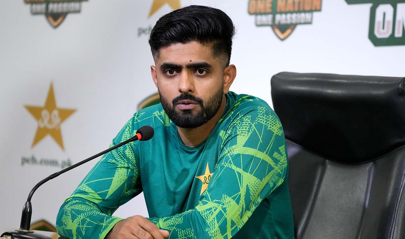 Pakistan's cricket team skipper Babar Azam speaks during a press conference regarding up coming Twenty20 series against Ireland, England and T20 World Cup, in Lahore, Pakistan, Monday, May 6, 2024. (AFP/File)