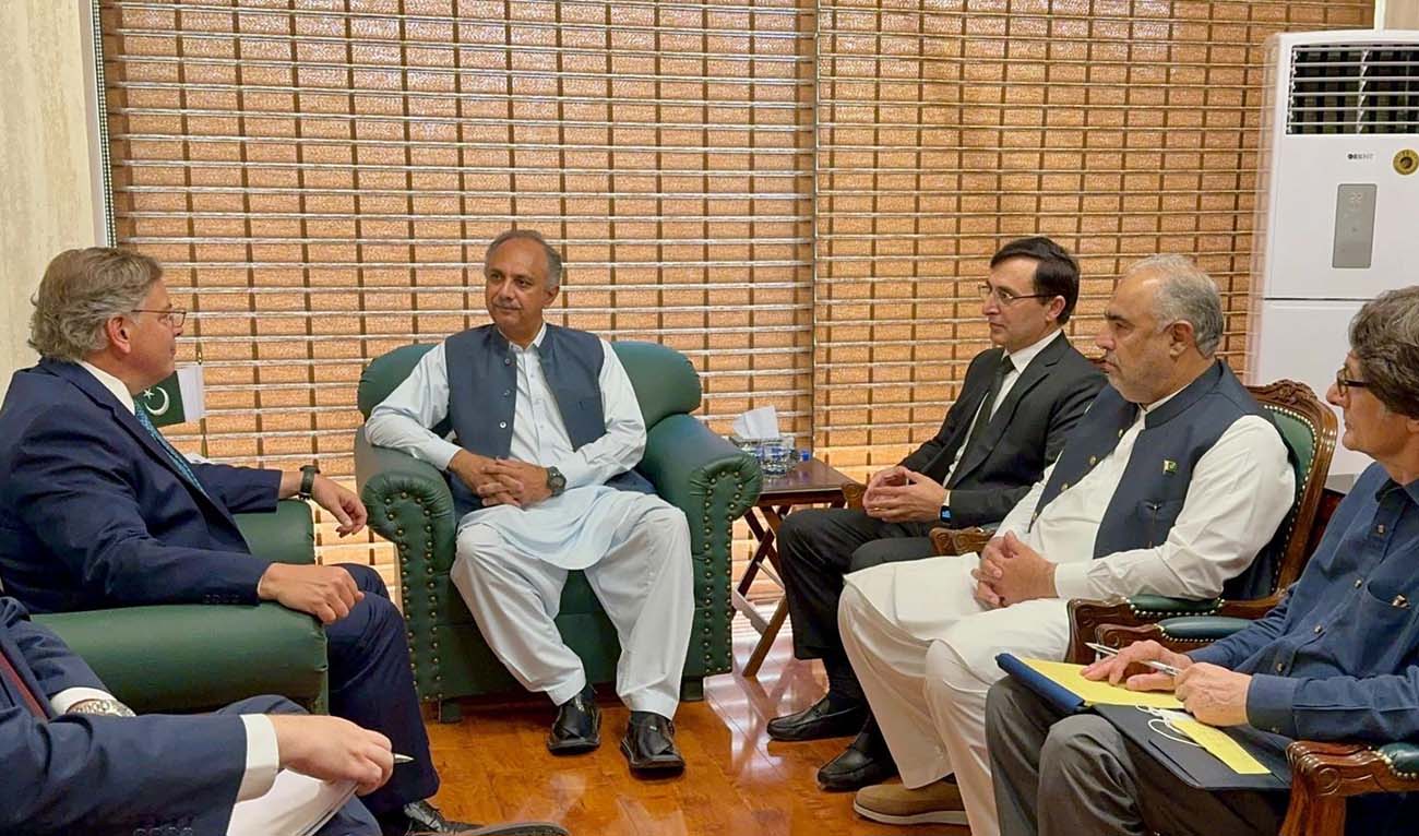 United States Ambassador to Pakistan Donald Blome during a meeting with parliamentary leader of Pakistan’s main opposition party, the Pakistan Tehreek-e-Insaf in Islamabad on May 6, 2024. (Photo courtesy: @MusaratAMIN/X)
