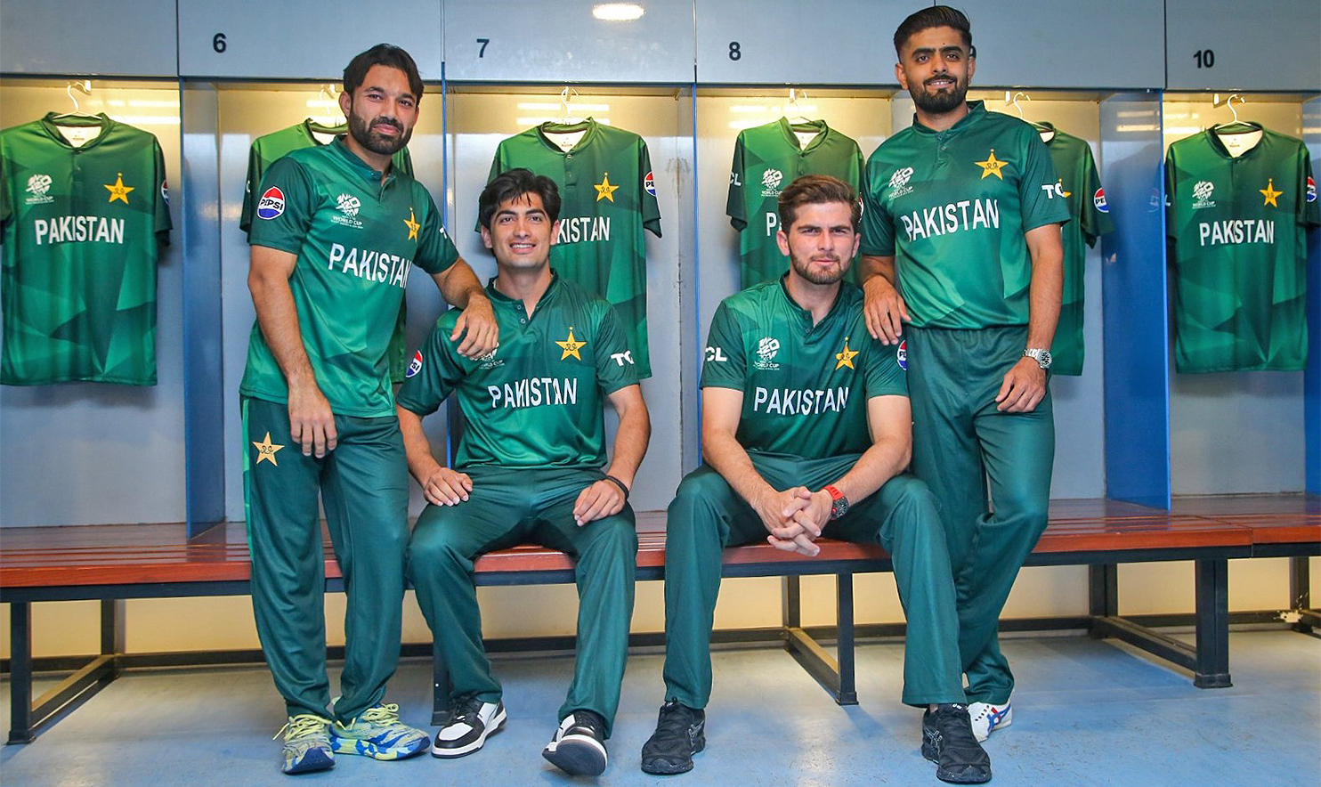 Pakistani players pose for a picture wearing national team’s kit for the upcoming T20 World Cup 2024 in Karachi, Pakistan on May 6, 2024. (PCB)
