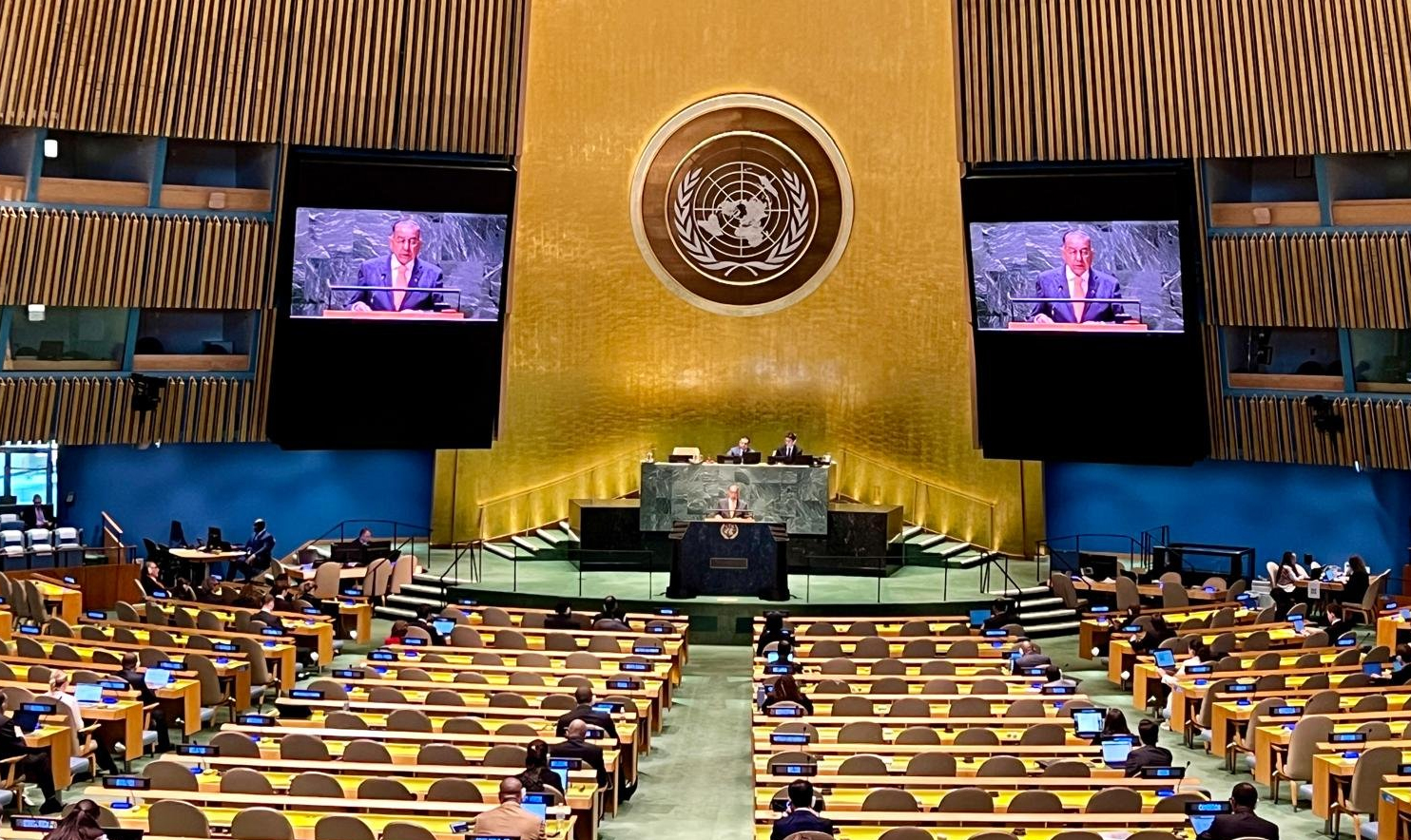 The picture shared on May 3, 2024 shows Pakistan’s permanent representative to the UN, Munir Akram, addressing the UN General Assembly in New York, US. (@PakistanPR_UN/X/File)