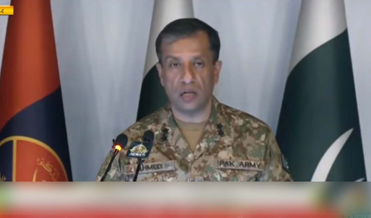 Director General (DG) Inter-Services Public Relations (ISPR) Maj-Gen Ahmed Sharif addresses a press conference in Islamabad, Pakistan on May 7, 2024. (Photo courtesy: PTV News)