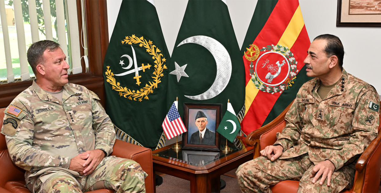 General Michael Erik Kurilla (left), the commander of the US Central Command (CENTCOM), calls on Pakistan’s Army Chief General Syed Asim Munir in Rawalpindi, Pakistan on May 9, 2024. (Pakistan Army)
