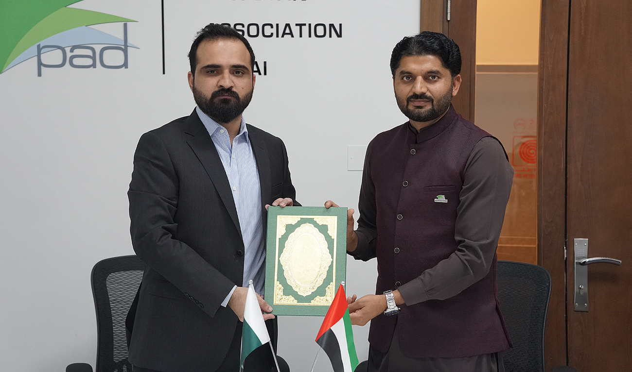 In this photograph, taken on February 25, 2024, Wahaj Kayani (left), founder and CEO LEARN, and the Pakistan Association Dubai General Secretary Zahid Hassan pose for a photo after signing a Memorandum of Understanding (MoU), at PAD headquarters in Dubai. (Photo courtesy: Shamik Abrar)