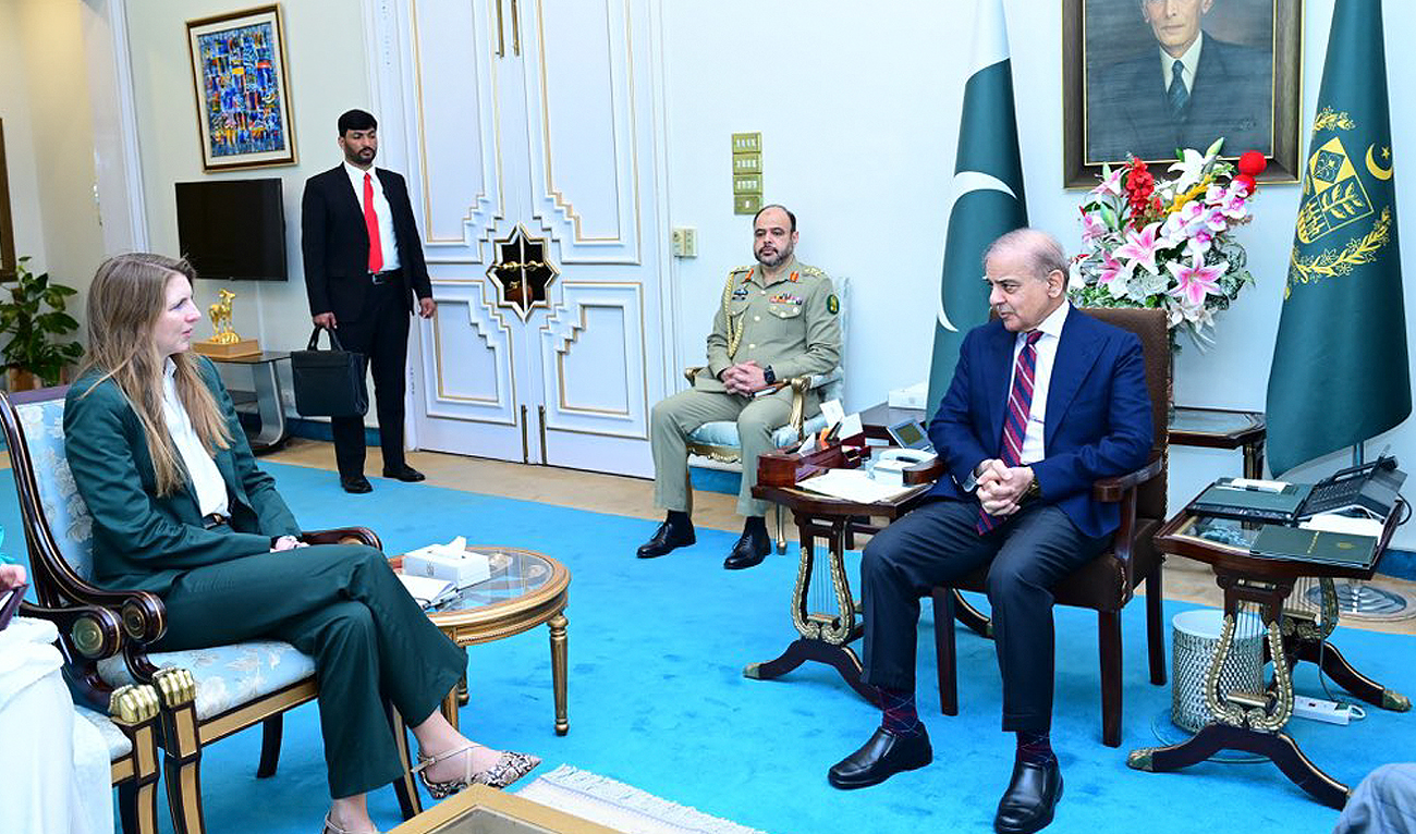 In this file photo, taken and released by Prime Minister’s Office on March 20, 2024, British High Commissioner Jane Marriott meets Pakistan Prime Minister Shehbaz Sharif in Islamabad on March 20, 2024. (Photo courtesy: PMO/File)