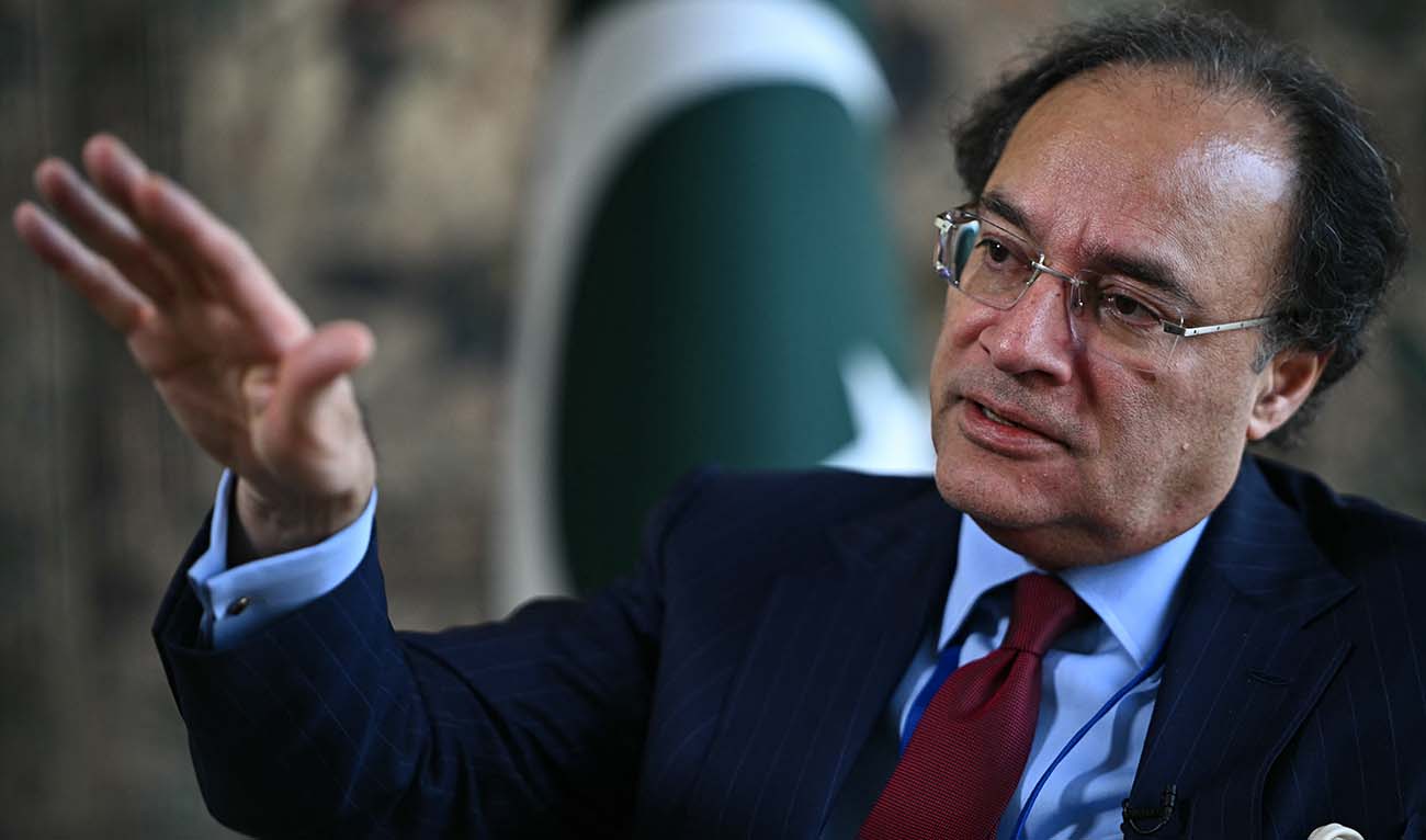 Pakistan's Finance Minister Muhammad Aurangzeb speaks during an interview with AFP at the Embassy of Pakistan in Washington, DC on April 15, 2024. (AFP/File)