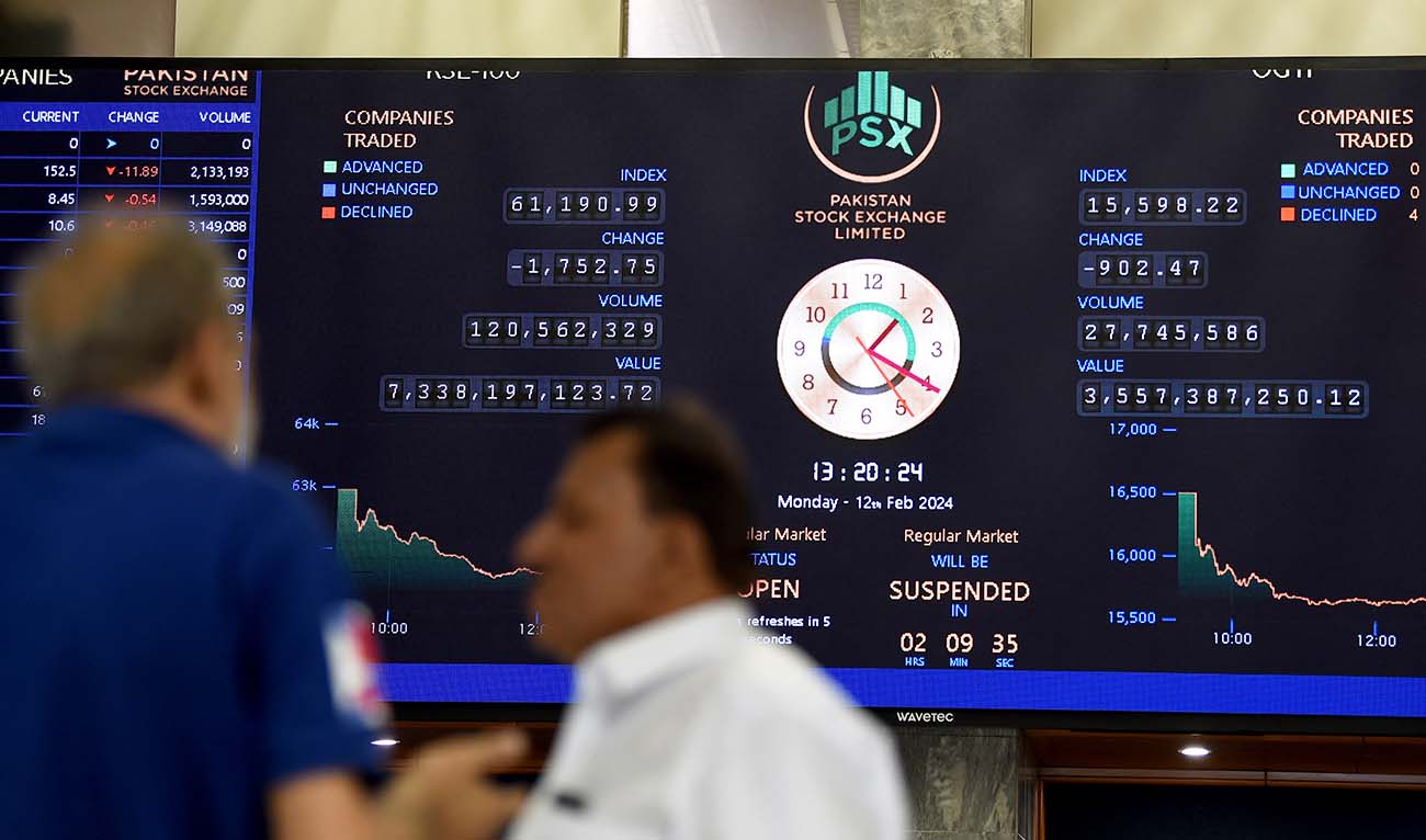 Stock brokers monitor share prices displayed on a digital screen during a trading session at the Pakistan Stock Exchange (PSX) in Karachi on February 12, 2024. (AFP/File)