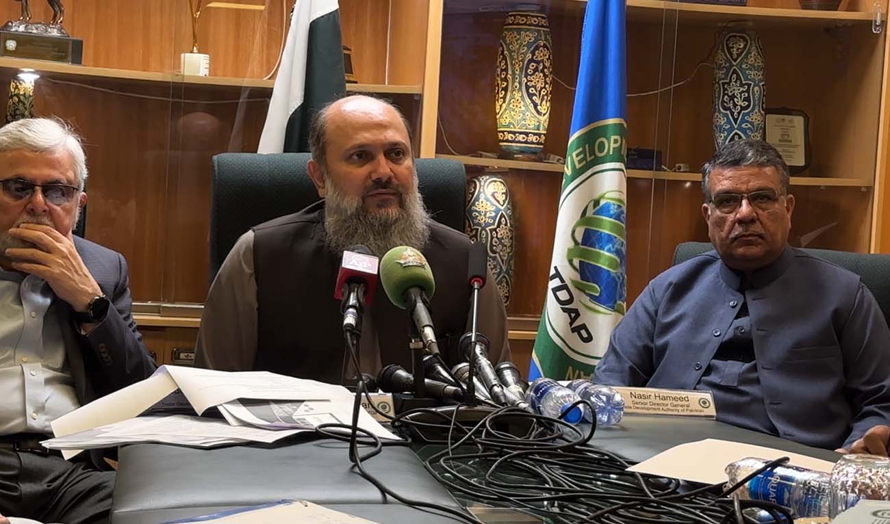 Pakistan’s Commerce Minister Jam Kamal Khan speaks during a press conference in Karachi, Pakistan on April 13, 2024. (AN Photo)