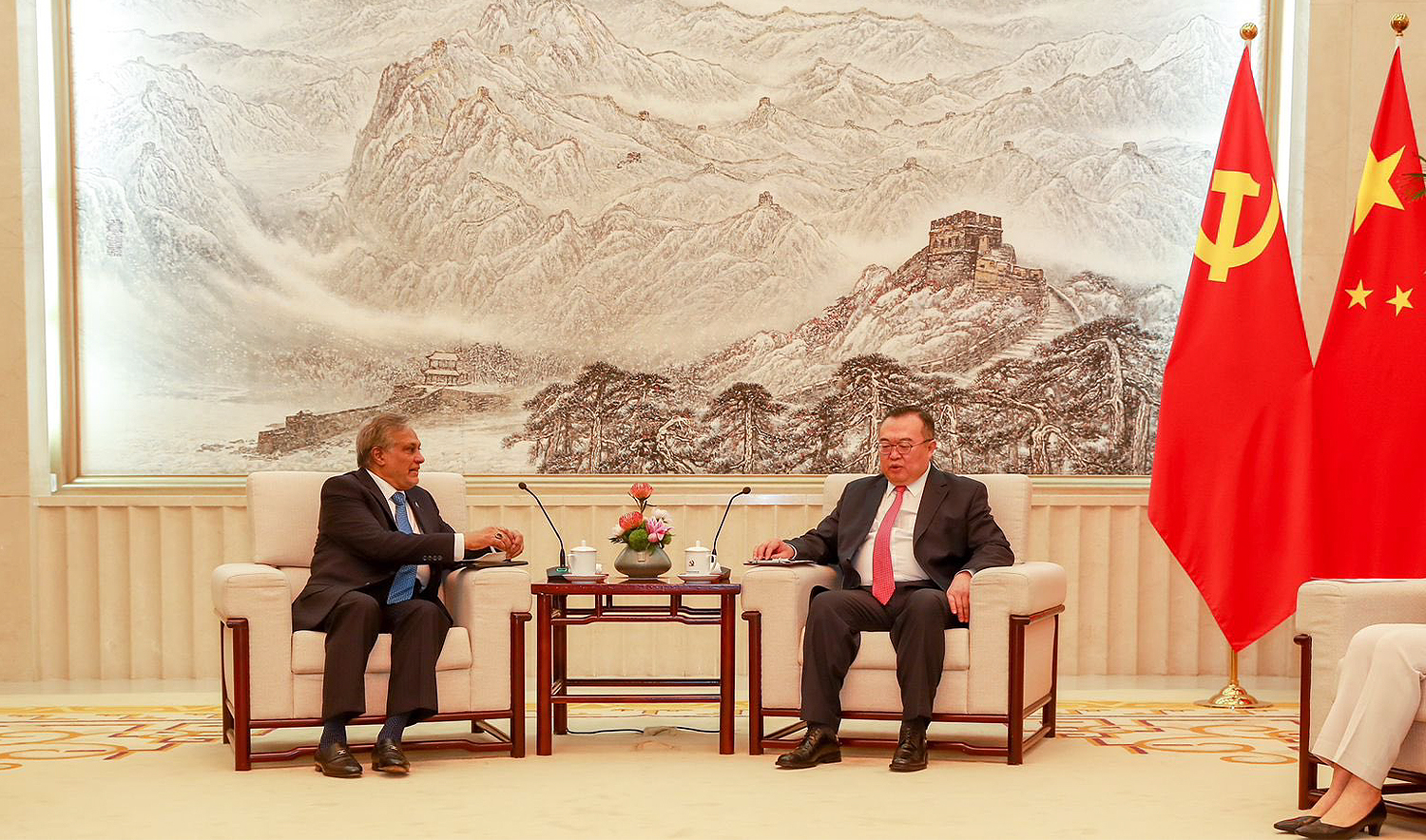Pakistan's Deputy Prime Minister and Foreign Minister, Ishaq Dar (right), meets Minister for the International Department of the Communist Party of China (IDCPC), Liu Jianchao, in Beijing, China on May 14, 2024. (Foreign Office)