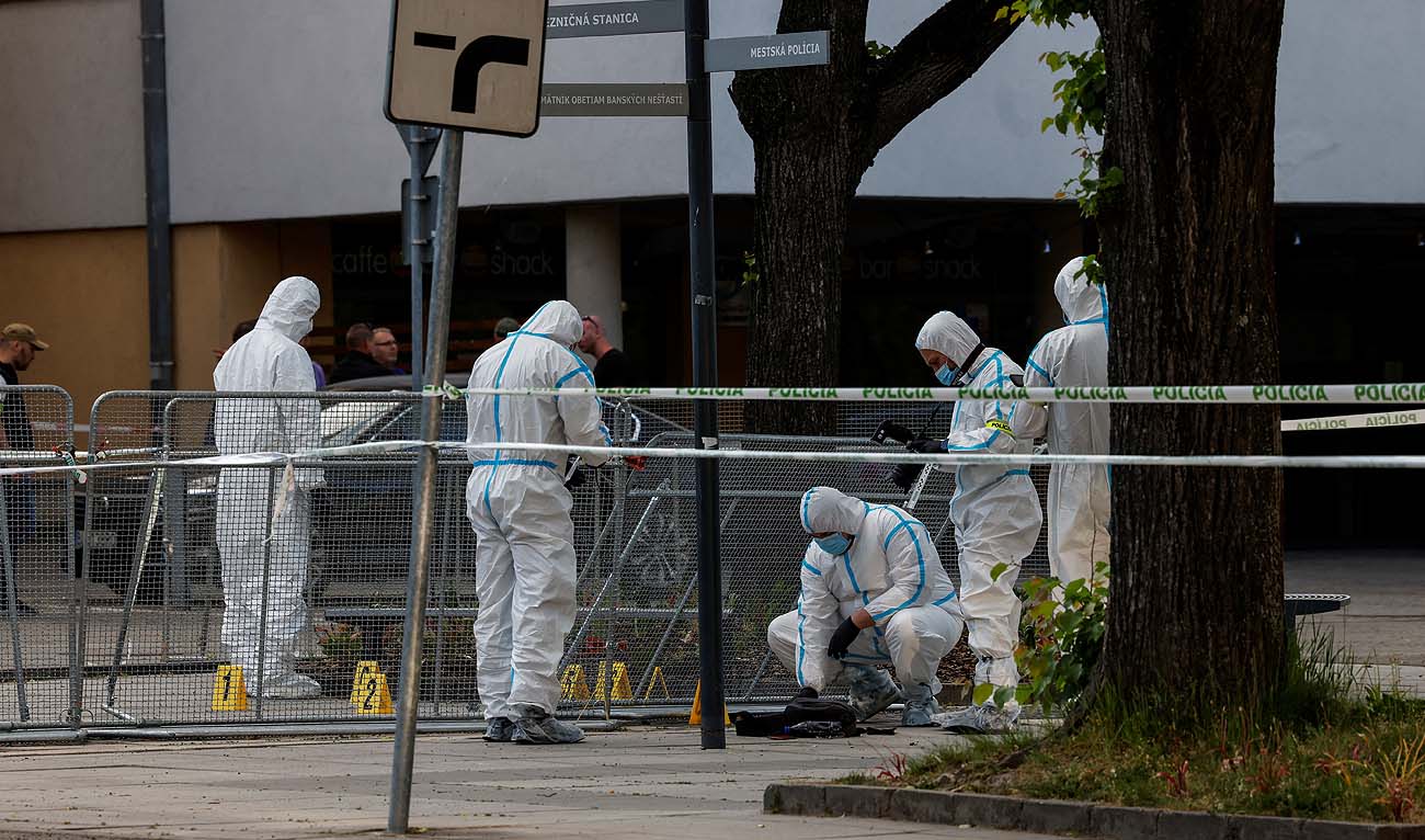 Police work at the scene after a shooting incident in which Slovak Prime Minister Robert Fico was wounded, outside the House of Culture in Handlova, Slovakia May 15, 2024. (REUTERS)