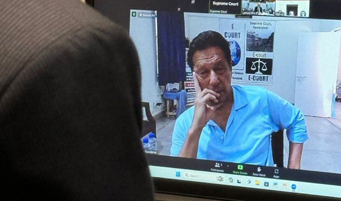 This screengrab shows Pakistan’s ex-Prime Minister Imran Khan appearing before the Supreme Court via video link from Rawalpindi’s Adiala Jail on May 16, 2024. (Photo courtesy: PTI)