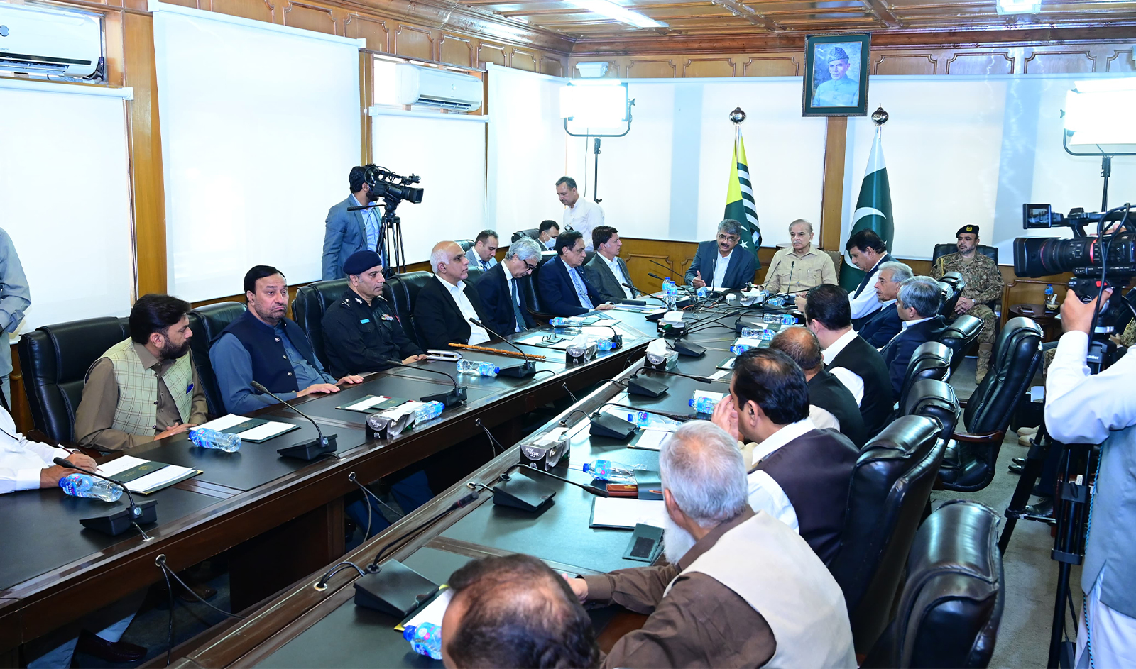 Pakistan's Prime Minister Shehbaz Sharif (center) charis the cabinet meeting of Azad Jammu and Kashmir in Muzaffarabad on May 16, 2024. (Governmennt of Pakistan)