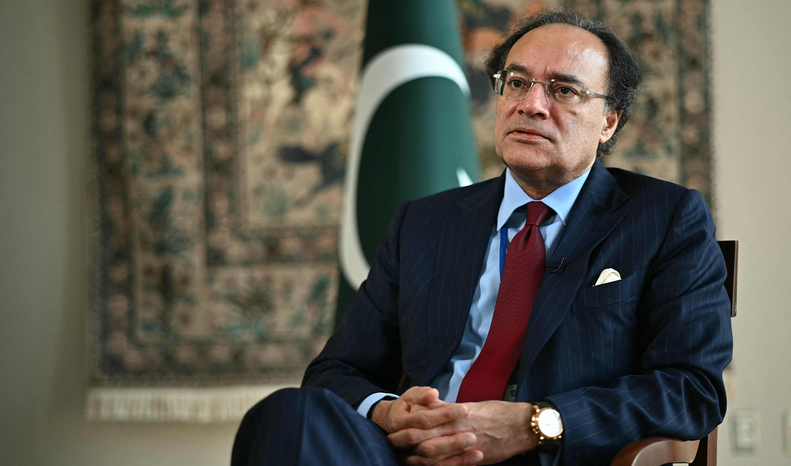 Pakistan's Finance Minister Muhammad Aurangzeb speaks during an interview with AFP at the Embassy of Pakistan in Washington, DC on April 15, 2024. (AFP/File)
