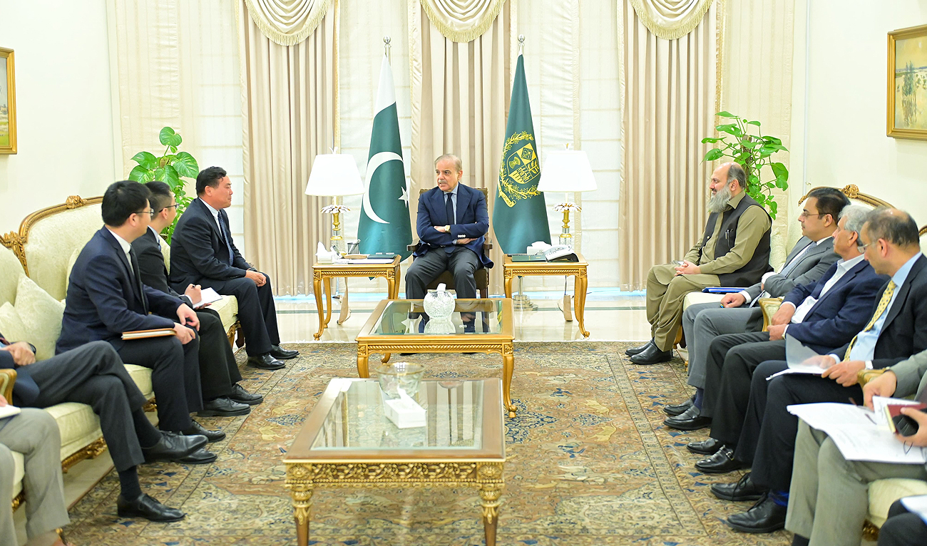 In this handout photograph, taken and released by Prime Minister’s Office, Wang Jicheng, Chairman MCC Tongsin Resources, meets Pakistan Prime Minister Shehbaz Sharif in Islamabad on May 17, 2024. (Photo courtesy: PMO)