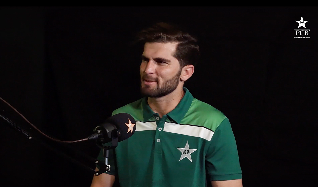 Pakistani speedster Shaheen Shah Afridi speaks during a Pakistan Cricket Board podcast released on May 17, 2024. (Pakistan Cricket Board)