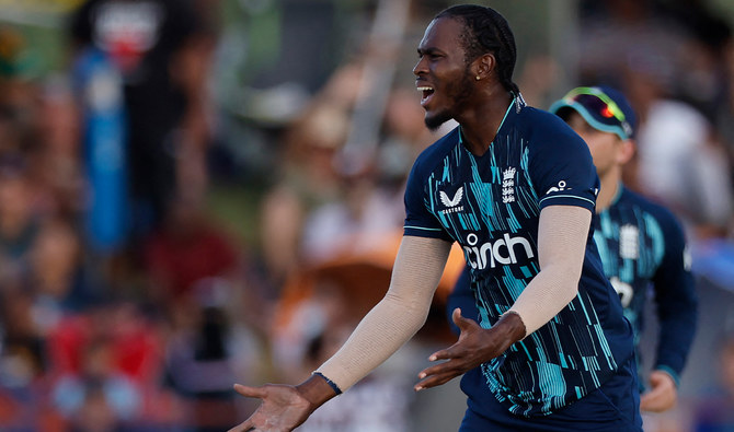 England's Jofra Archer reacts after a delivery during the third one day international (ODI) cricket match between South Africa and England at Mangaung Oval in Kimberley on February 1, 2023. (AFP/File)