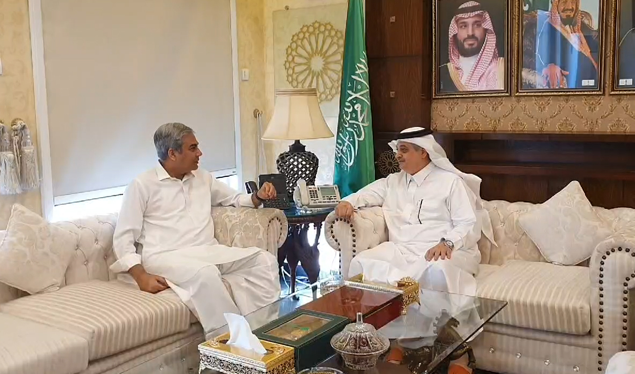 In this screengrab, taken from a handout video released by Pakistan’s Interior Ministry, Pakistan Interior Minister Mohsin Naqvi (left) meets Saudi Ambassador Nawaf bin Said Al-Malki at the Saudi Embassy in Islamabad on May 18, 2024. (Photo courtesy: MOI)