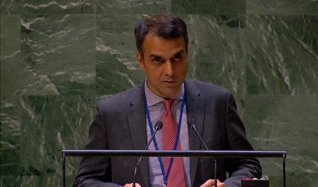 Ambassador Usman Jadoon, Pakistan’s Deputy Permanent Representative to the UN, speaks at a United Nations Security Council meeting on May 18, 2024. (APP)