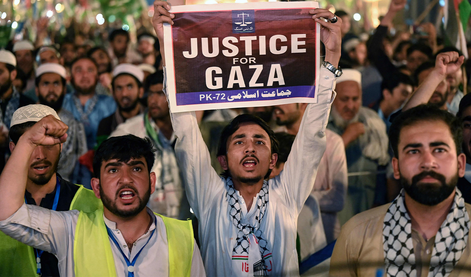 Pakistan's Jamaat-e-Islami (JI) party activists in support of Palestinians stage an anti-Israel protest in Peshawar on May 19, 2024. (AFP)
