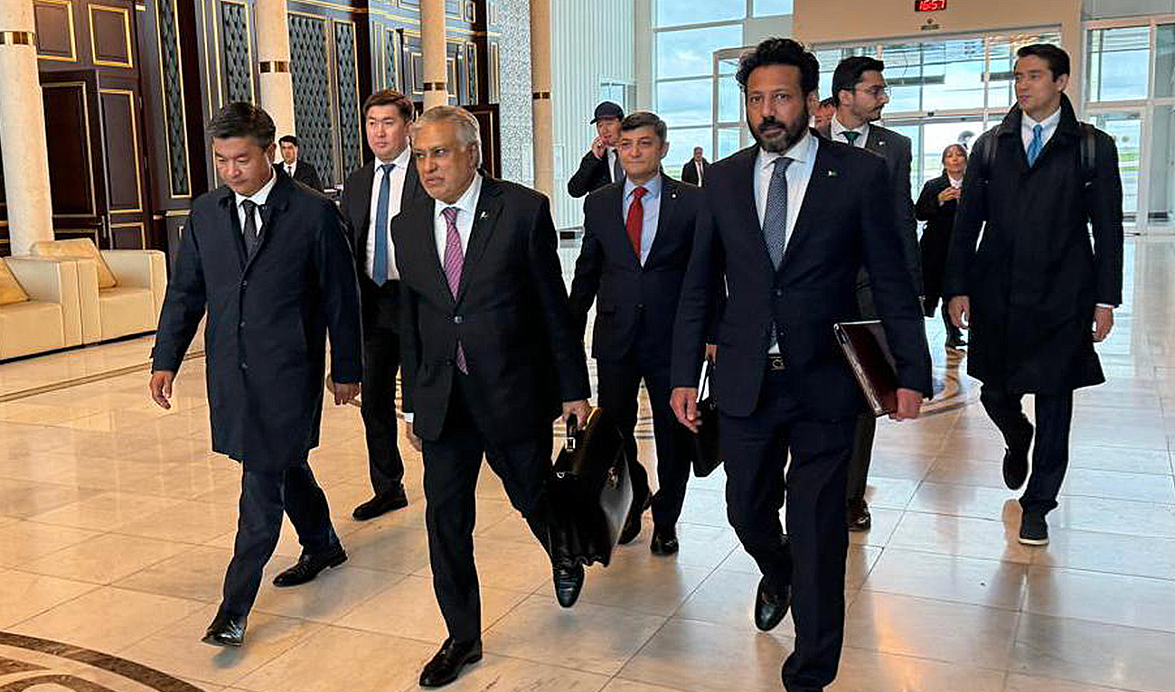 Deputy Prime Minister and Foreign Minister Ishaq Dar (center) arrives in Astana, Kazakhstan for the regular meeting of the Council of Foreign Ministers of the Shanghai Cooperation Organization (SCO) on May 20, 2024. (Photo courtesy: Pakistani foreign ministry)