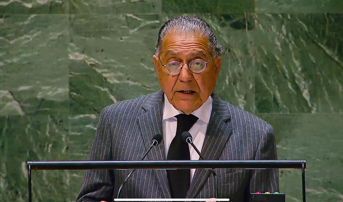 Pakistan’s Permanent Representative to the United Nations Ambassador Munir Akram speaks during a General Assembly at the United Nations in New York on May 1, 2024. (Pakistan Mission to UN/File)