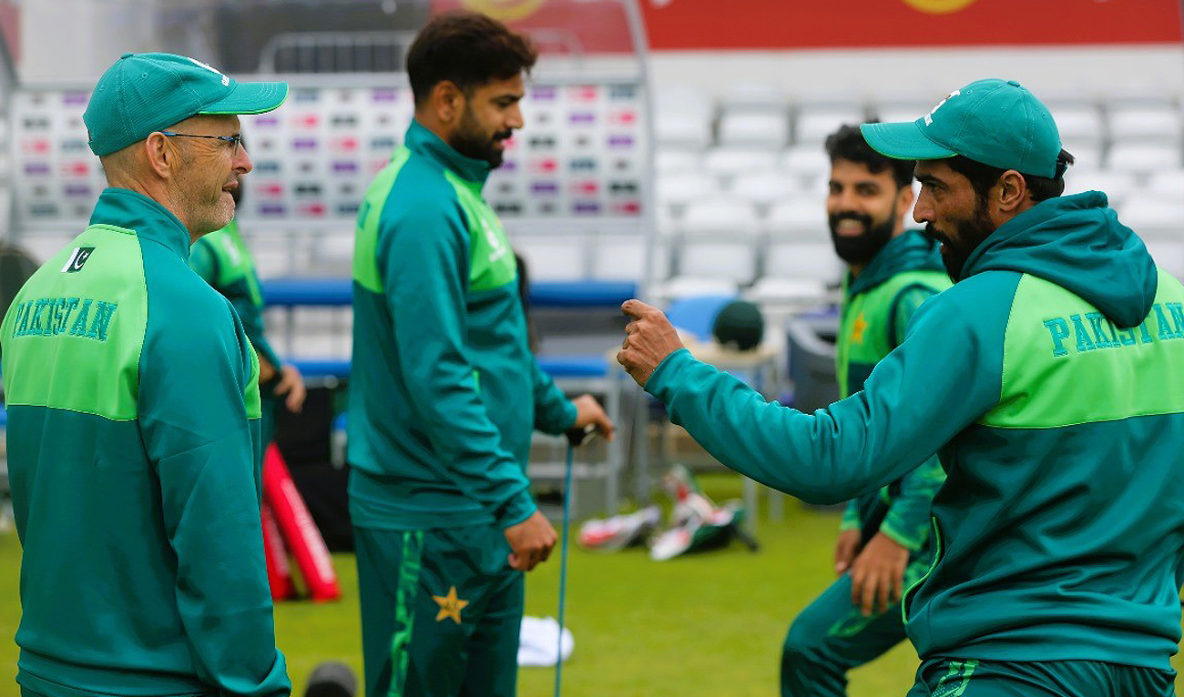 Pakistan’s Mohammad Amir (right) gestures during a practice session ahead of T20 series against England at Headingley Cricket Ground in Headingley, Leeds on May 21, 2024. (Photo courtesy: PCB)