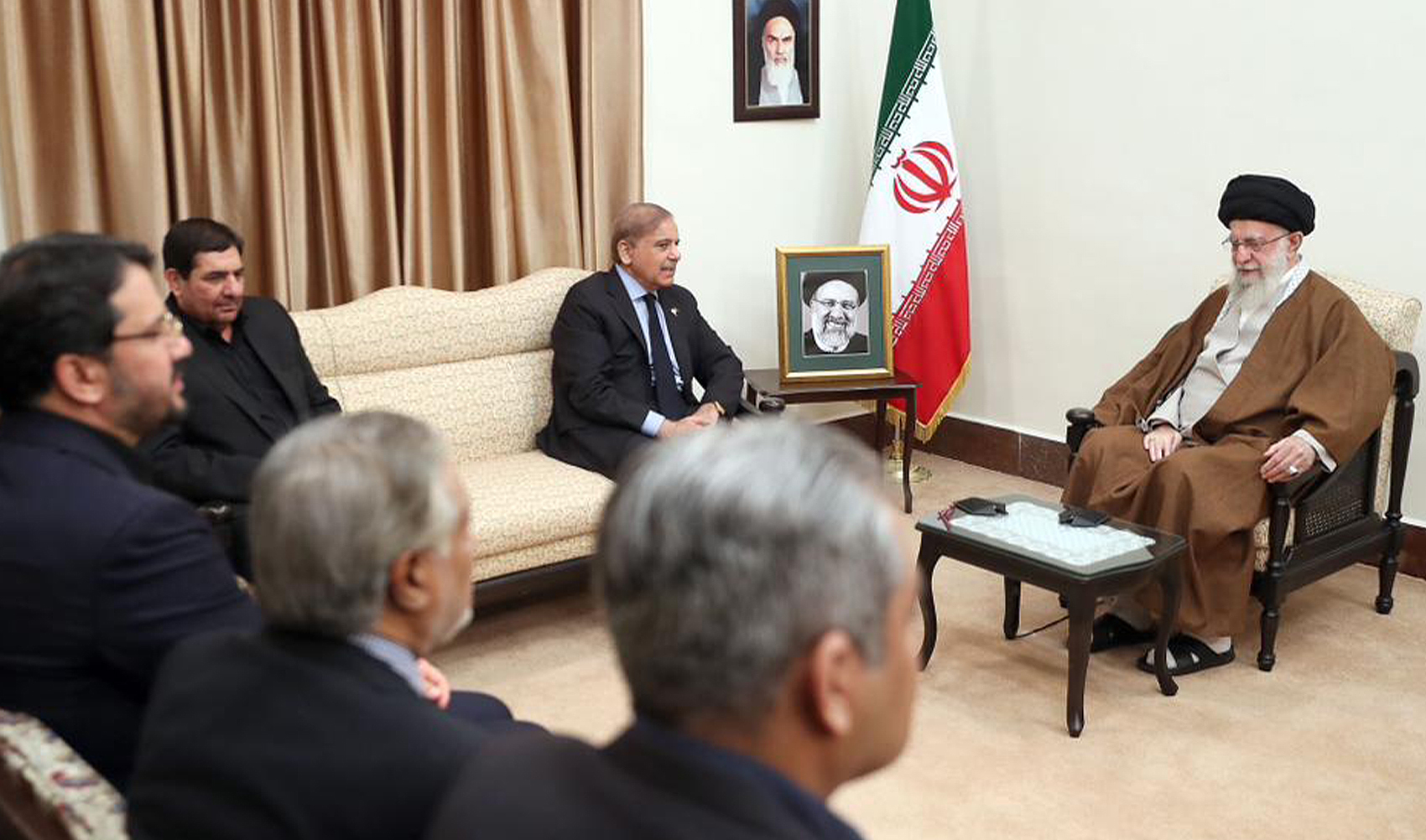 Pakistan Prime Minister Shehbaz Sharif (second right) meets Iran’s Supreme Leader Ayatollah Seyyed Ali Khamenei (right) to offer his condolences for late President Ebrahim Raisi’s death in a helicopter crash in Tehran, Iran on May 22, 2024. (Government of Pakistan)