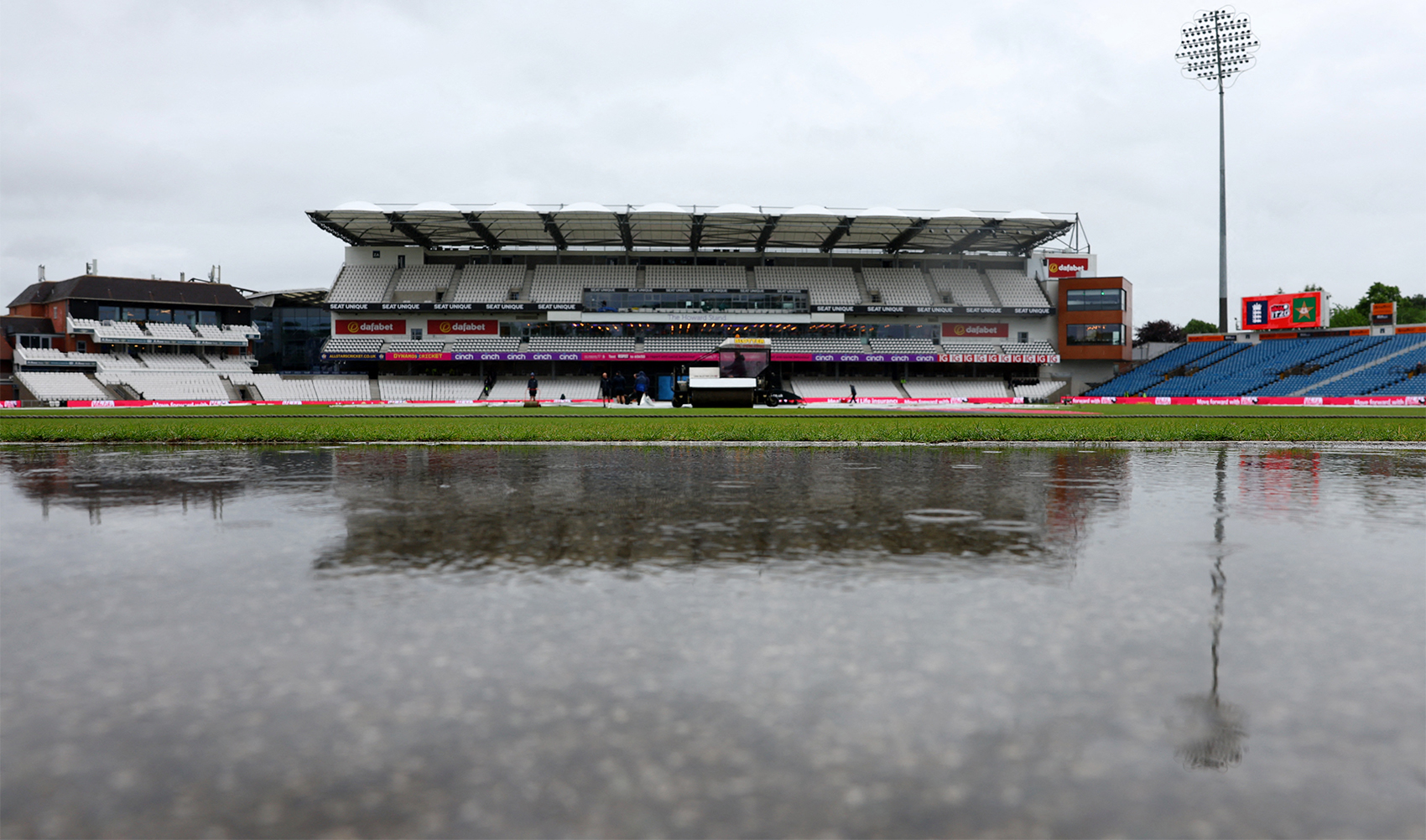 The picture shared on May 22, 2024, shows a general view of a big screen inside the stadium displaying a message confirming England v Pakistan T20I match has been abandoned at Headingley Cricket Ground in Leeds, Britain. (REUTERS)