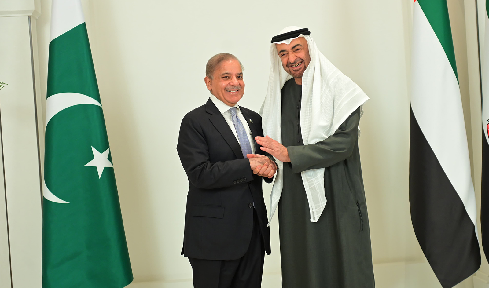 Pakistan Prime Minister Shehbaz Sharif (left) meets UAE President Sheikh Mohamed bin Zayed Al Nahyan in Abi Dhabi, UAE on May 23, 2024. (Government of Pakistan)