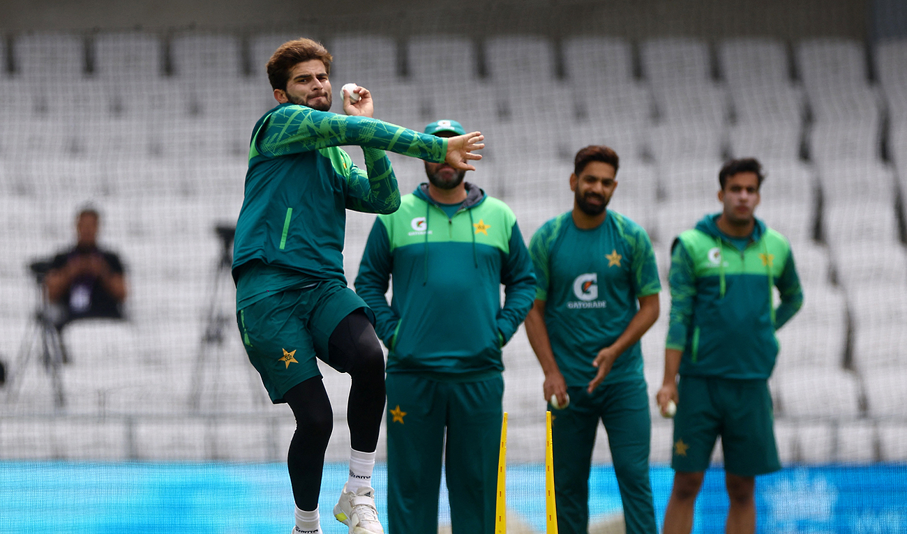 Pakistan’s Shaheen Shah Afridi during the practice session ahead of the T20 match against England at Headingley Cricket Ground in Leeds on May 21, 2024. (Reuters)