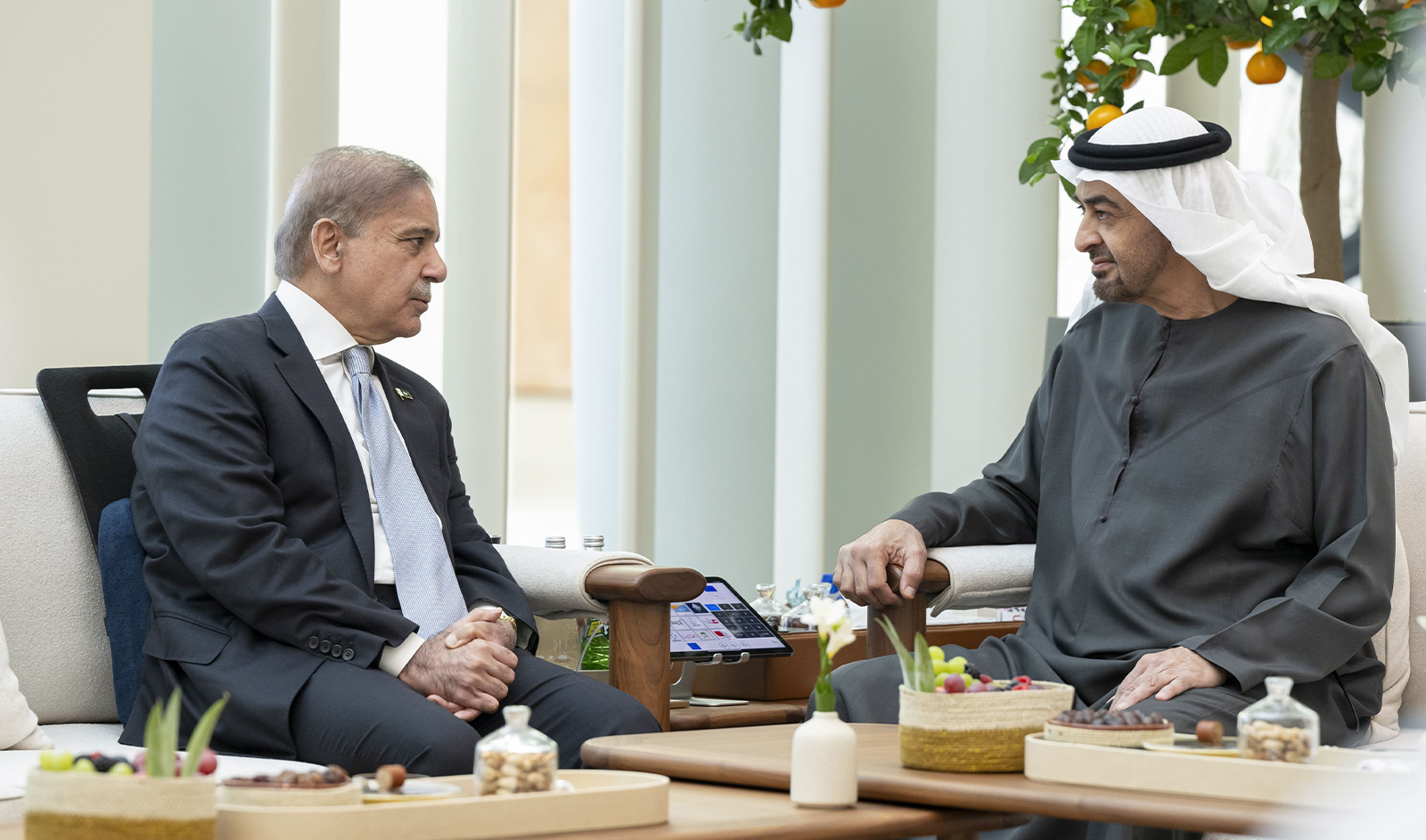 Pakistan Prime Minister Shehbaz Sharif (left) meets UAE President, Sheikh Mohamed bin Zayed Al Nahyan, at Qasr Al Shati in Abu Dhabi on May 23, 2024. (WAM)