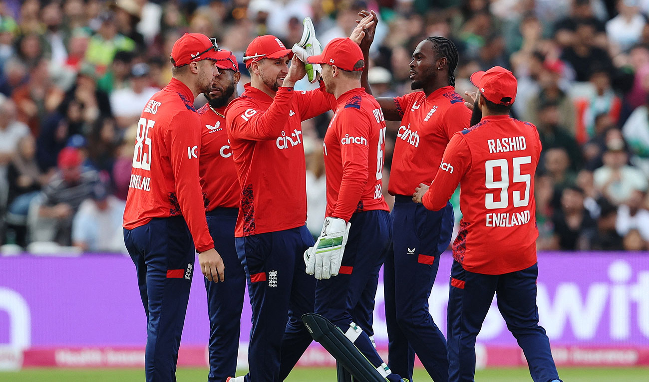 England’s Jofra Archer celebrates with teammates after taking the wicket of Pakistan’s Imad Wasim, caught by Liam Livingstone during second T20 International between England and Pakistan at the Edgbaston Cricket Ground in Birmingham on May 25, 2024 (Reuters)