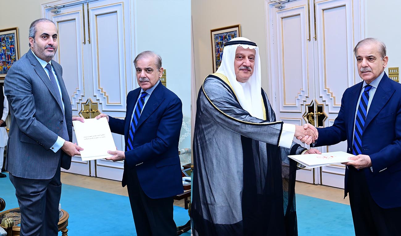 The combination of photos shows Prime Minister Shehbaz Sharif meeting with the ambassador of Qatar Mubarak Ali Essa Al-Khater (left) and the ambassador of Kuwait, Abdulrahman Jasser Al-Mutairi on May 26, 2024, i9n Islamabad, Pakistan. (PMO)