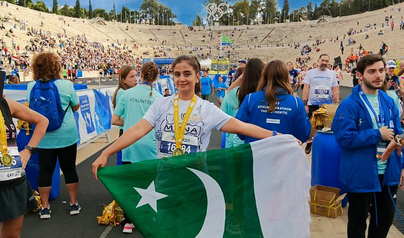 This photo, shared by member of the Provincial Assembly of Sindh Sharjeel Inam Memon on May 18, 2024 on social media platform X, shows Pakistani marathon runner and journalist Mona Khan in Greece. (Photo courtesy: X/@sharjeelinam)