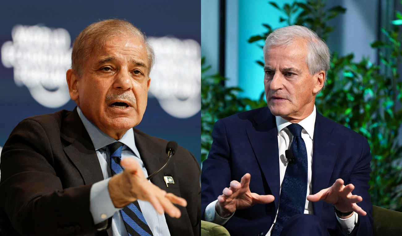 This combination of photos, created on May 26, 2024, shows Pakistan’s Prime Minister Shehbaz Sharif (left) speaking at the World Economic Forum in Riyadh on April 28, 2024 and Jonas Gahr Store (right), Prime Minister of Norway, speaking at The New York Times Climate Forward Summit 2023 at The Times Center on September 21, 2023 in New York City. (REUTERS/AFP/File)