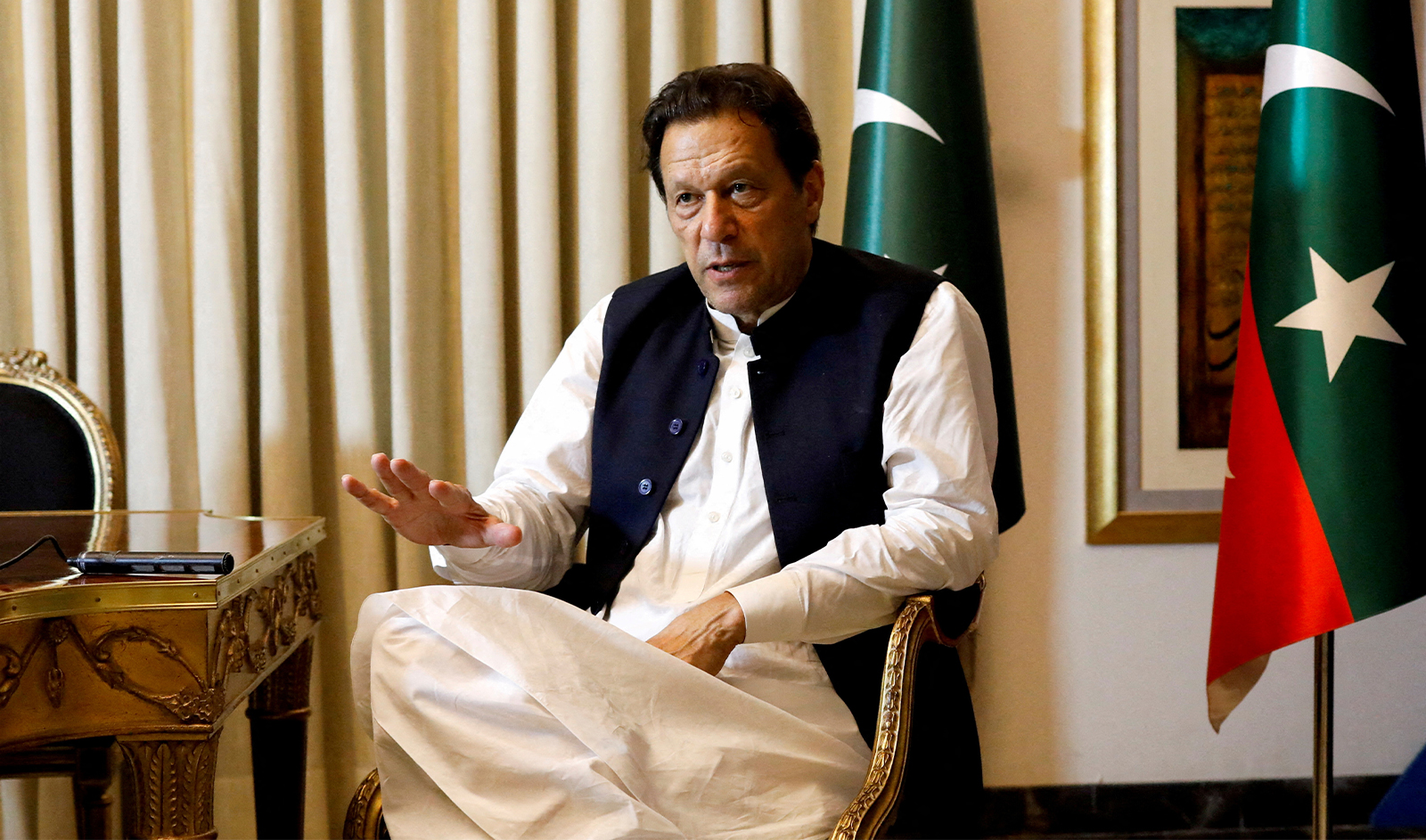 Former Pakistani Prime Minister Imran Khan speaks with Reuters during an interview, in Lahore, Pakistan on March 17, 2023. (REUTERS)