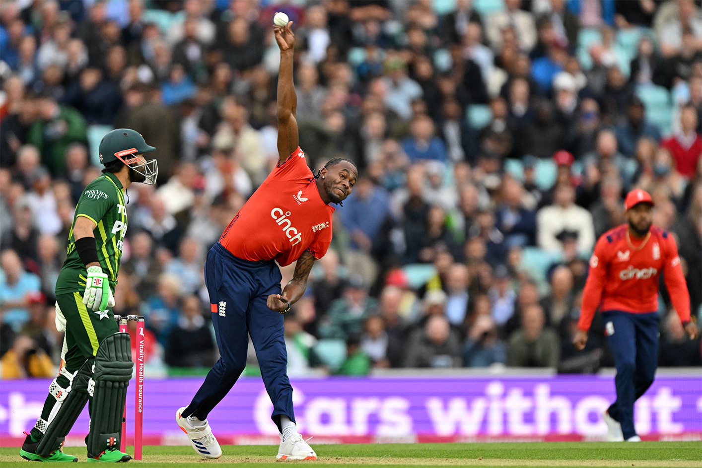 England's Jofra Archer bowls during the fourth T20 international cricket match between England and Pakistan at The Oval, in London on May 30, 2024. (AFP)