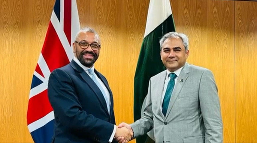 Pakistan's interior minister Mohsin Naqvi (left) meets British Home Secretary James Cleverly in London on May 31, 2024. (Radio Pakistan)